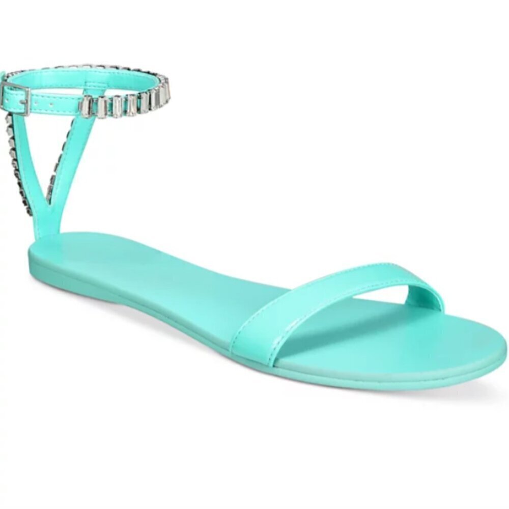 NEW AAJ By Aminah Womens Viktoria Embellished Flate Teal 7 Ankle strap Sandals